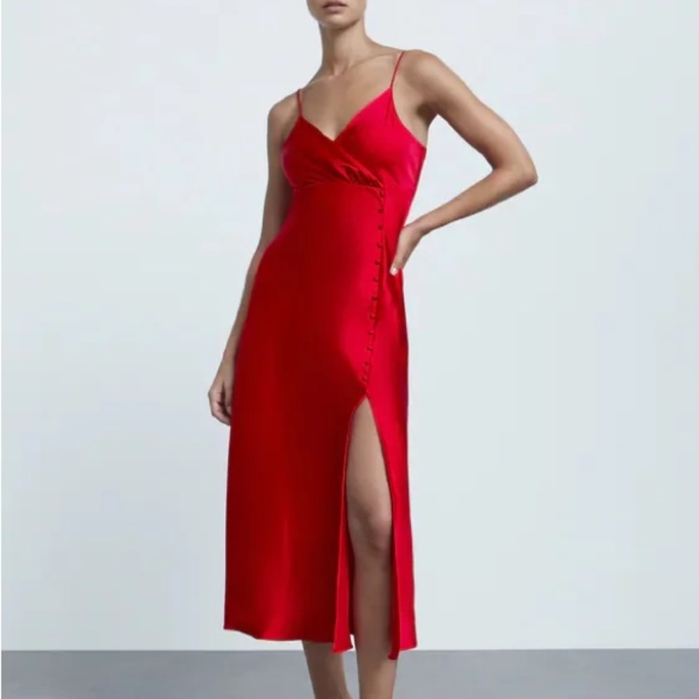 Zara Elegant Red Satin Slip midi Dress